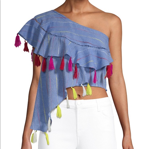 Red Carter Tops - Red Carter One Shoulder Chambray Tassel Top